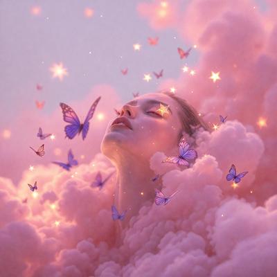 The primary subject of the image is a woman with a beautiful face, surrounded by a cloud of butterflies. The setting is a pink and purple background, which adds to the overall mood of the scene. The visual style of the image is a combination of photo and digital art, creating a surreal and dreamy atmosphere. The colors and mood of the image are predominantly pink and purple, with the butterflies adding a touch of brightness and whimsy.